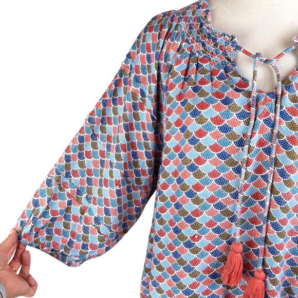 Ivy Jane NWT M/L Orange Blue Mermaid Fish Scale Tassel Neck Relaxed Boho Top - Picture 7 of 11